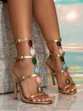 Gold Strappy High-Heel Sandals with Multicolor Gem Accents